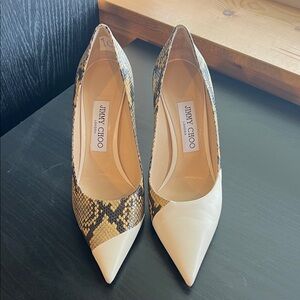 Jimmy Choo Cream & Tan Leather Snakeskin Heels NWOT